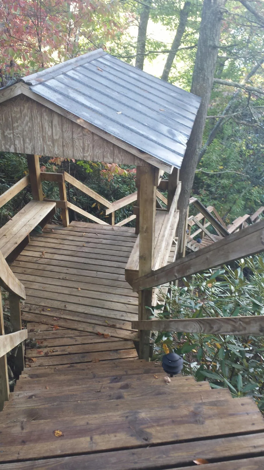 Metal roofed shelter over wooden steps on a wooded walkway — Skylight Repair & Installation work by our crew in Rock Stream